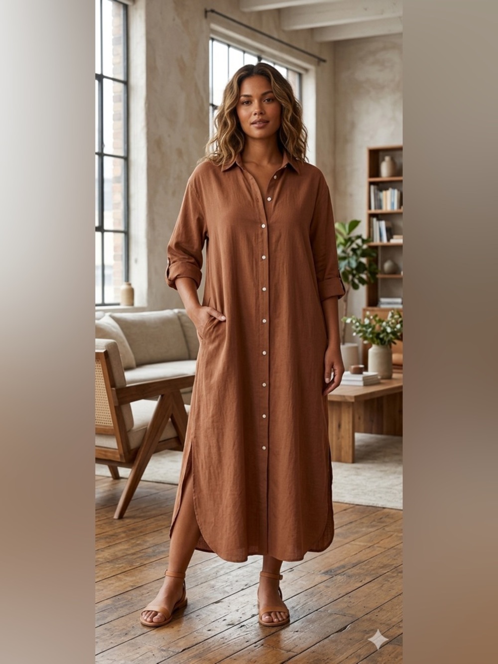Womens Chic Button Down Rolled-Up Sleeve Long Cotton Blouse Maxi Dress